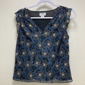 ANN TAYLOR LOFT floral print sleeveless blouse, top, ruflles office, profesional